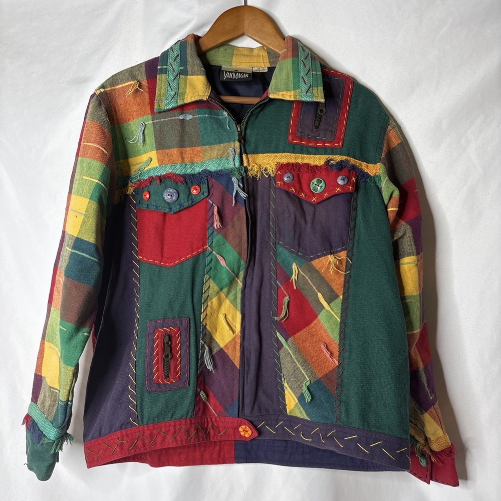 Vtg Yak Magik Women L Patchwork Multicolor Cotton Full Zip Jacket Boho Art Nepal